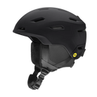 Side view of a black Smith Descend MIPS Round Contour Fit Helmet featuring round internal geometry, lightweight in-mold construction, zonal Koroyd honeycomb structures, 16 regulator-controlled vents, and an adjustable fitment dial.