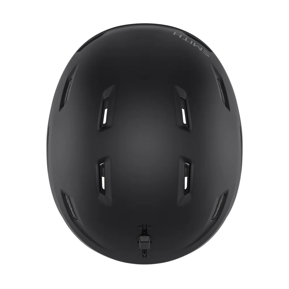 Top view of a black Smith Descend MIPS Round Contour Fit Helmet featuring round internal geometry, lightweight in-mold construction, zonal Koroyd honeycomb structures, 16 regulator-controlled vents, and an adjustable fitment dial.
