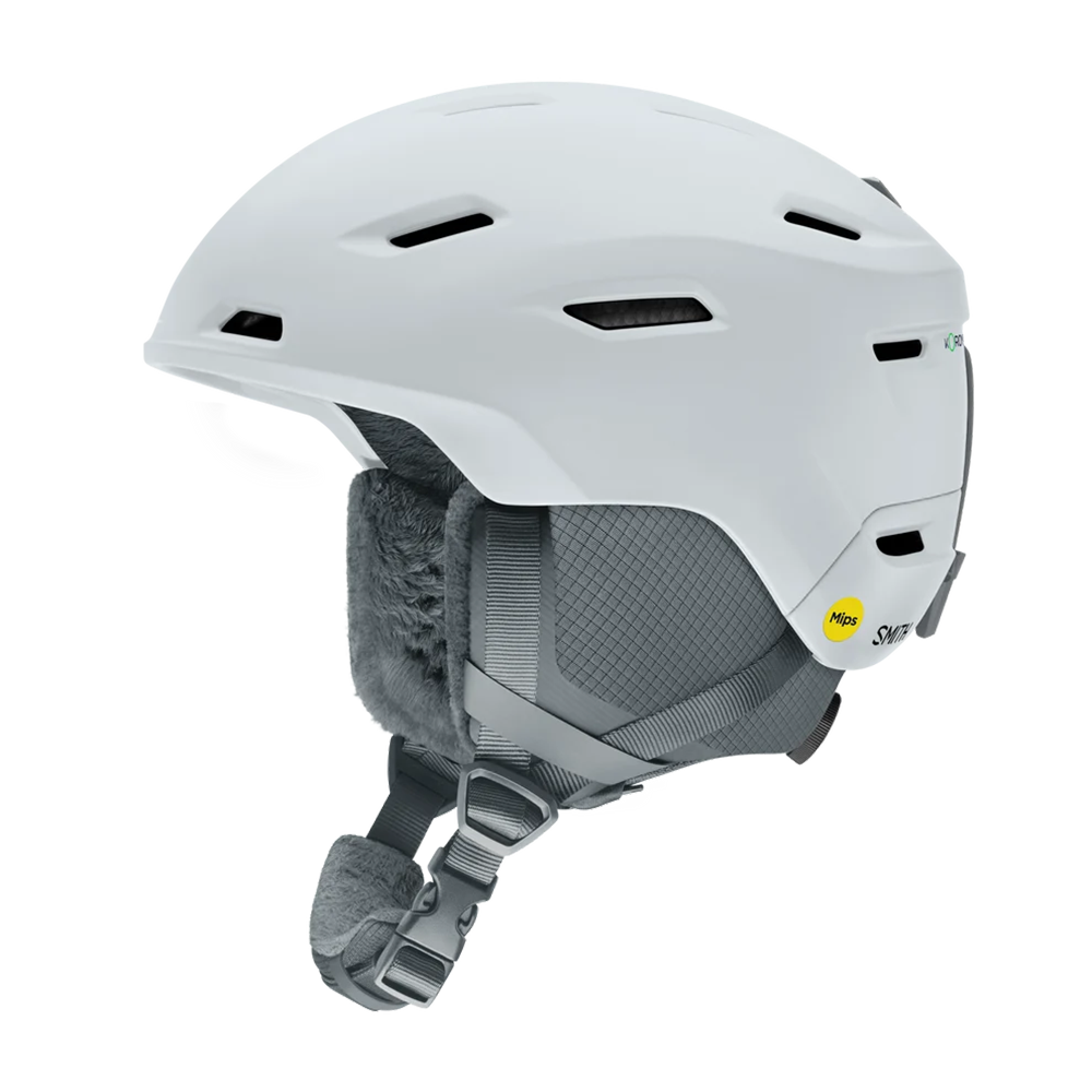 Side view of a white Smith Descend MIPS Round Contour Fit Helmet featuring round internal geometry, lightweight in-mold construction, zonal Koroyd honeycomb structures, 16 regulator-controlled vents, and an adjustable fitment dial.