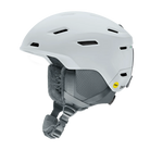 Side view of a white Smith Descend MIPS Round Contour Fit Helmet featuring round internal geometry, lightweight in-mold construction, zonal Koroyd honeycomb structures, 16 regulator-controlled vents, and an adjustable fitment dial.
