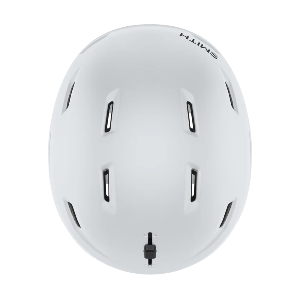 Top view of a white Smith Descend MIPS Round Contour Fit Helmet featuring round internal geometry, lightweight in-mold construction, zonal Koroyd honeycomb structures, 16 regulator-controlled vents, and an adjustable fitment dial.
