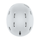 Top view of a white Smith Descend MIPS Round Contour Fit Helmet featuring round internal geometry, lightweight in-mold construction, zonal Koroyd honeycomb structures, 16 regulator-controlled vents, and an adjustable fitment dial.