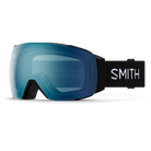 Front view of the Smith I/O MAG Goggles featuring a spherical Carbonic-x ChromaPop lens, integrated magnetic MAG retention levers, triple-layer DriWix face foam, and a silicone-backed QuickFit strap.