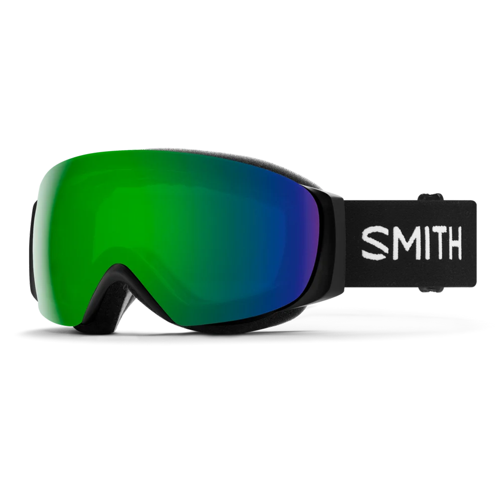 Front view of the Smith I/O MAG S Low Bridge Fit Goggles featuring a compact low-bridge frame, modified nose pocket foam contours, spherical Carbonic-x ChromaPop lens, integrated magnetic MAG retention levers, and a silicone-backed QuickFit strap.
