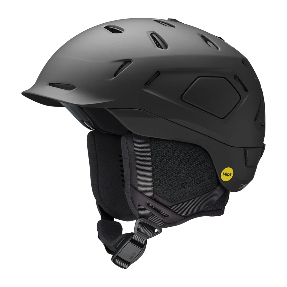 Side view of a matte black Smith Nexus MIPS Helmet featuring a hybrid shell construction, zonal Koroyd honeycomb structures, dual-regulator active vents, an exoskeleton side-impact shell, and a BOA 360 Fit System dial.