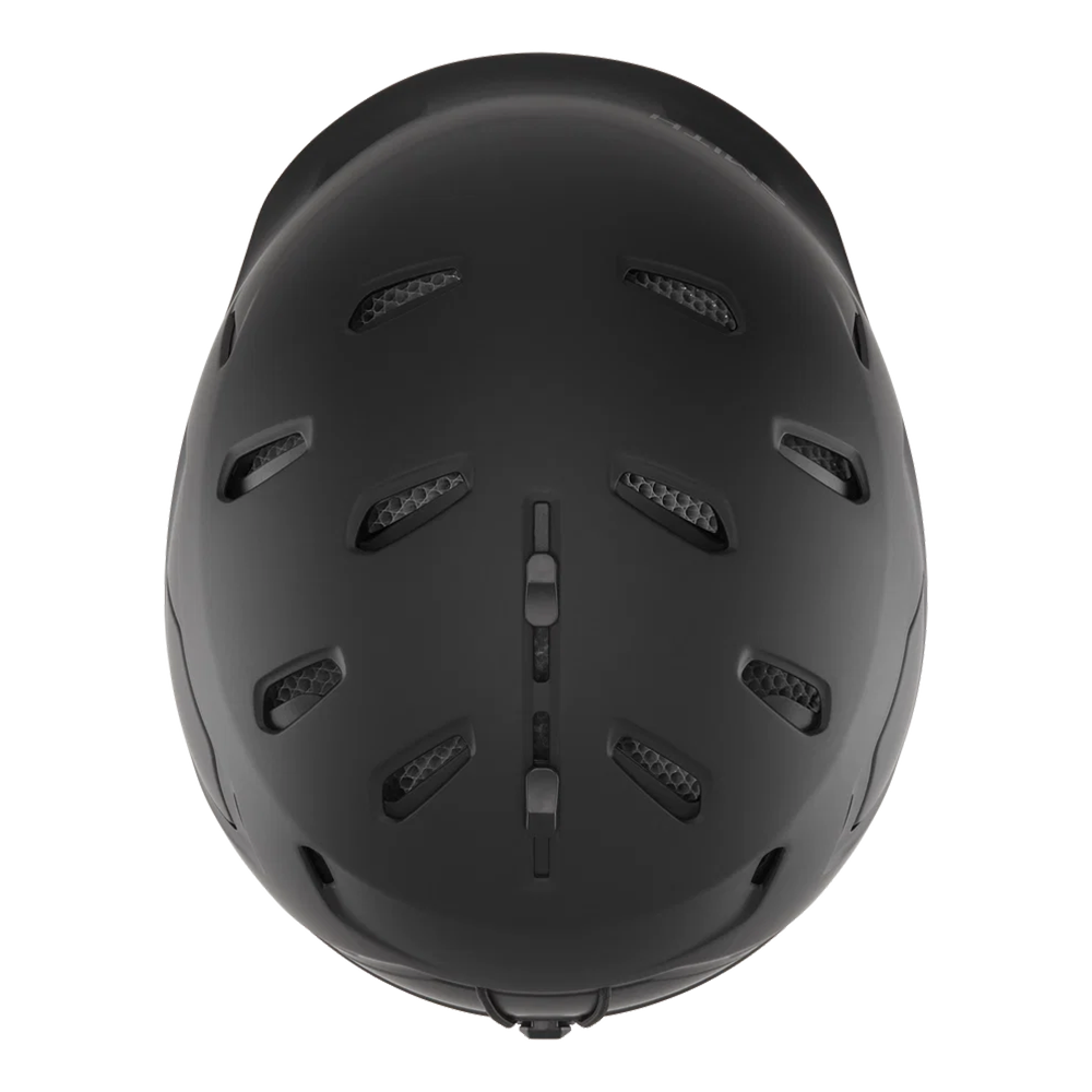 Top view of a matte black Smith Nexus MIPS Helmet featuring a hybrid shell construction, zonal Koroyd honeycomb structures, dual-regulator active vents, an exoskeleton side-impact shell, and a BOA 360 Fit System dial.