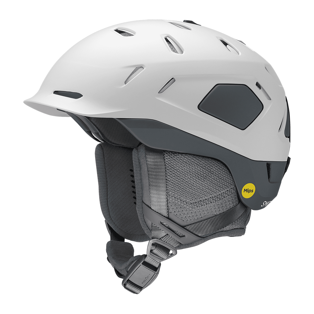 Side view of a matte white Smith Nexus MIPS Helmet featuring a hybrid shell construction, zonal Koroyd honeycomb structures, dual-regulator active vents, an exoskeleton side-impact shell, and a BOA 360 Fit System dial.