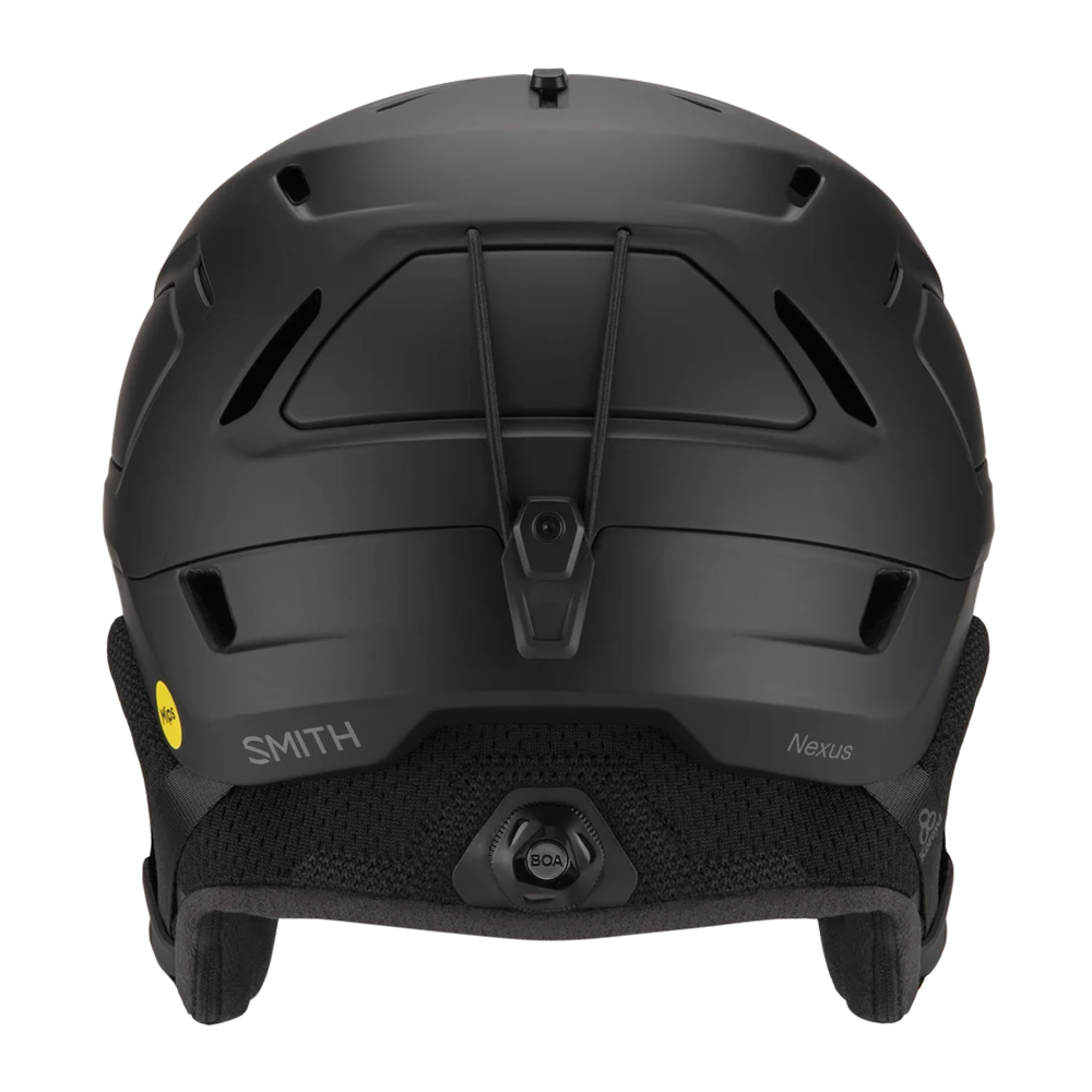 A black Smith Nexus Mips Round Contour Fit Helmet that features a wide fit, a Mips protective layer, a full Koroyd shell, and is designed for skiing and snowboarding.