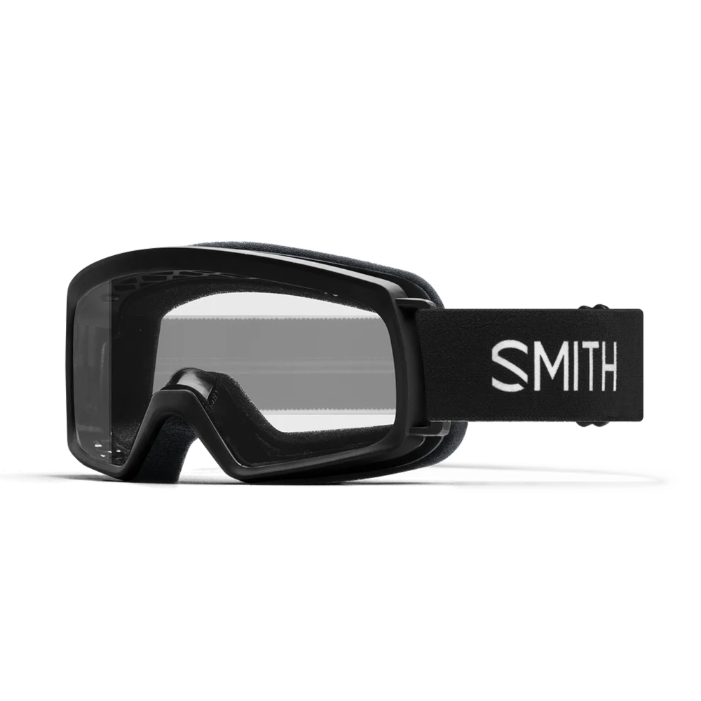 Front view of the Smith Rascal Jr Goggles featuring a scaled-down youth frame, cylindrical Carbonic-x dual thermal lens, single-layer hypoallergenic face foam, and a silicone-backed adjustable strap.