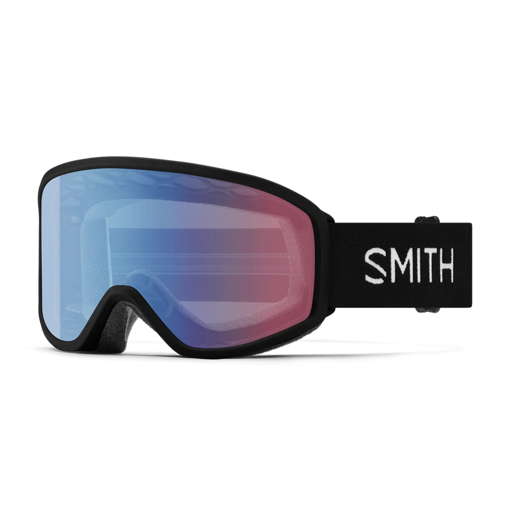 Front view of the Smith Reason OTG Goggles featuring an over-the-glasses compatible frame, floating foam temple membrane, cylindrical Carbonic-x lens, double-layer DriWix face foam, and a silicone-backed QuickFit strap.