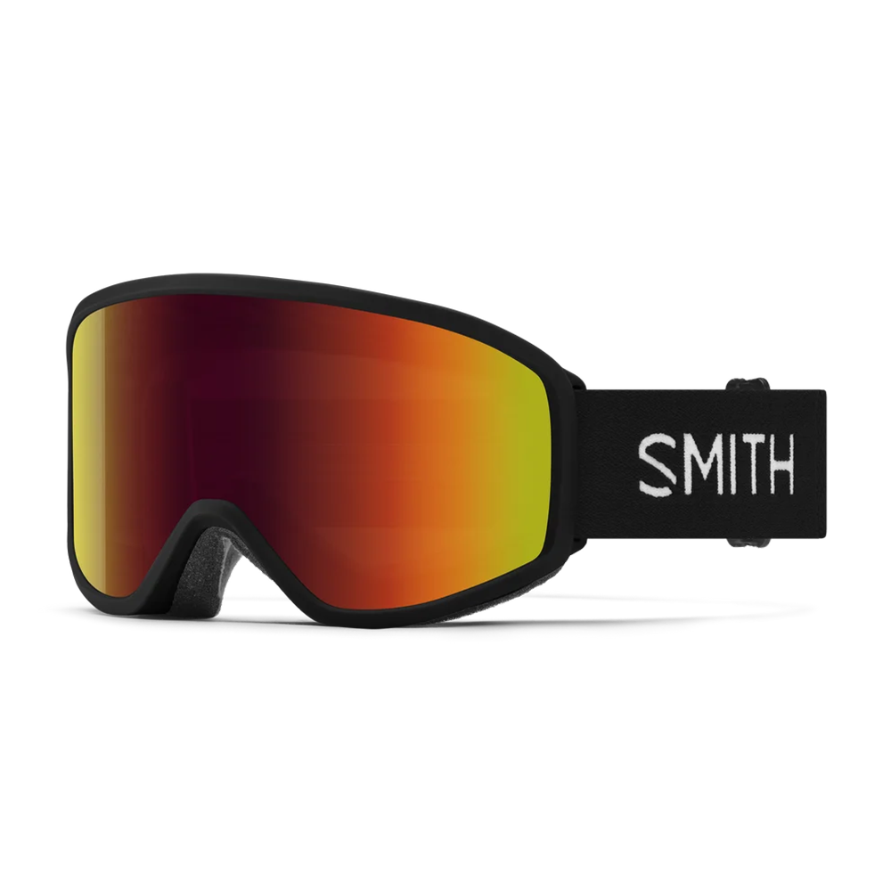 Front view of the Smith Reason OTG Low Bridge Fit Goggles featuring an over-the-glasses frame, modified low-bridge nose foam, floating temple membrane, cylindrical Carbonic-x lens, double-layer DriWix foam, and a silicone-backed QuickFit strap.