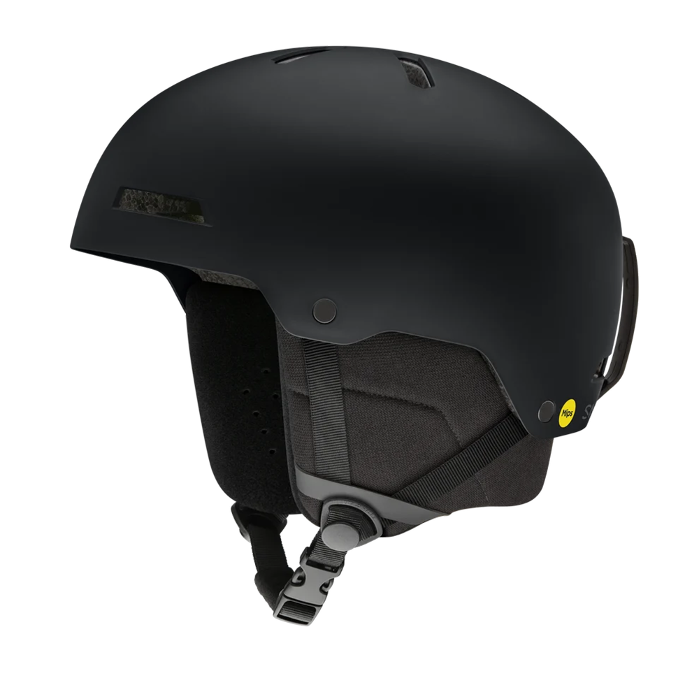A matte black Smith Rodeo Mips helmet that is designed for skiing and snowboarding and features Mips protection.