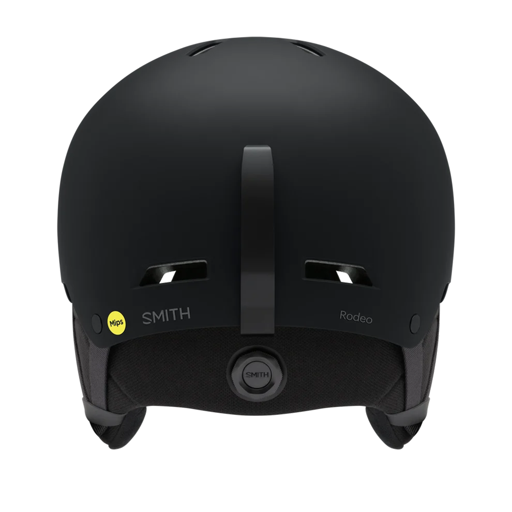 A matte black Smith Rodeo Mips helmet that is designed for skiing and snowboarding and features Mips protection.