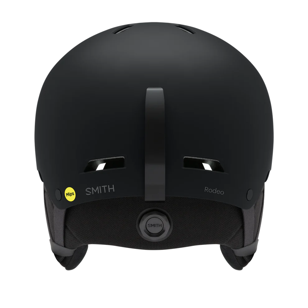 A black Smith Rodeo MIPS Round contour Fit helmet that is designed for skiing and snowboarding and features MIPS protection.