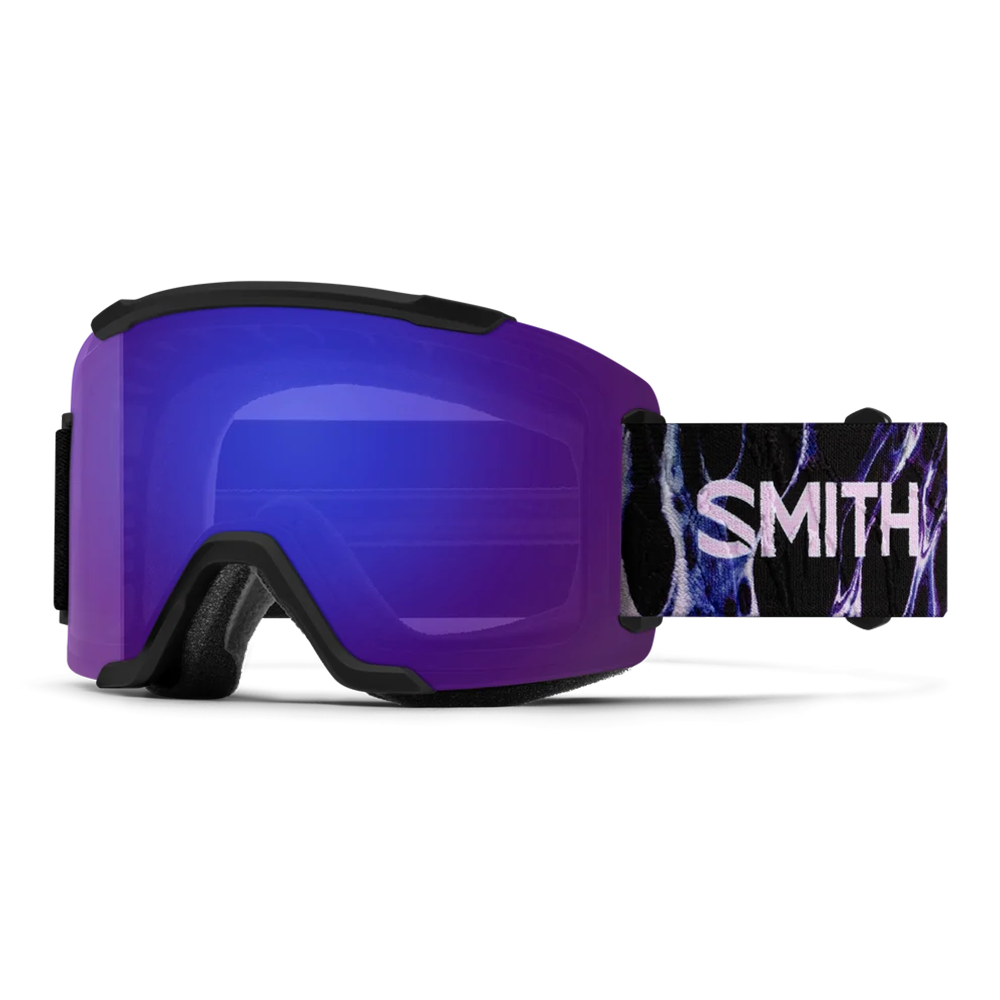 Front view of the Smith Squad Low Bridge Fit Goggles featuring an adjusted low-bridge frame contour, cylindrical Carbonic-x ChromaPop lens, multi-layer DriWix face foam, and a silicone-backed adjustable strap.