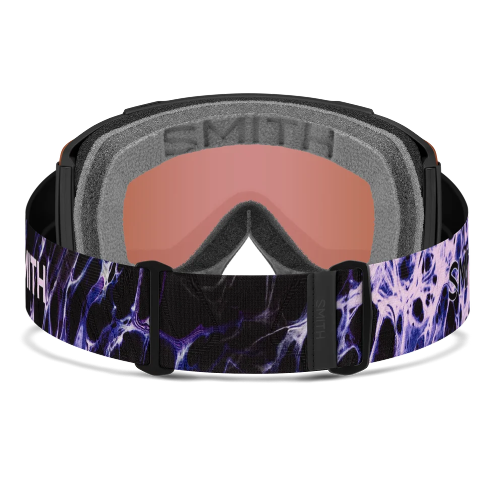 Rear view of the Smith Squad Low Bridge Fit Goggles featuring an adjusted low-bridge frame contour, cylindrical Carbonic-x ChromaPop lens, multi-layer DriWix face foam, and a silicone-backed adjustable strap.