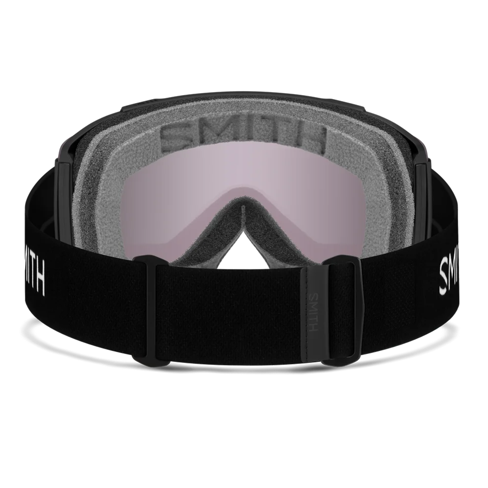 Rear view of the Smith Squad Goggles 2027 featuring a low-profile semi-rimless frame, cylindrical Carbonic-x ChromaPop lens, dual-layer DriWix face foam, and a silicone-backed QuickFit strap.