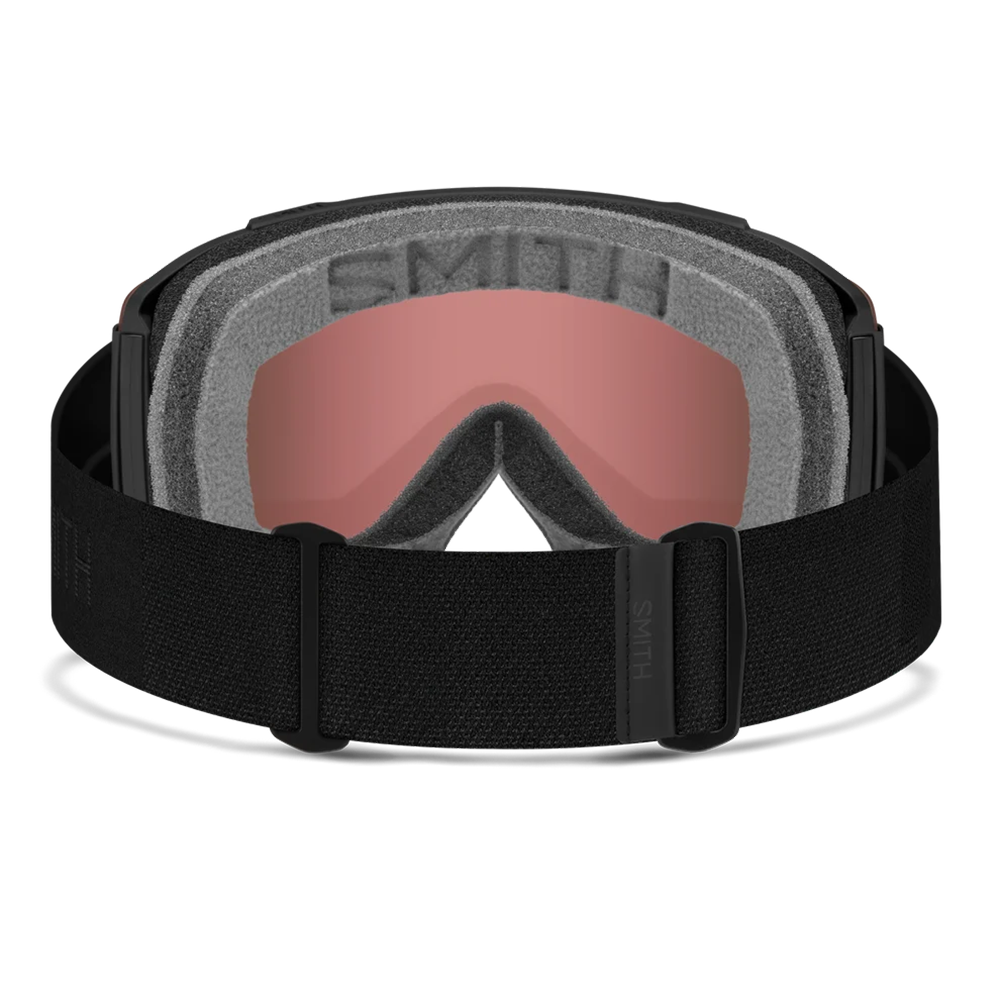 Rear view of the Smith Squad Goggles 2027 featuring a low-profile semi-rimless frame, cylindrical Carbonic-x ChromaPop lens, dual-layer DriWix face foam, and a silicone-backed QuickFit strap.