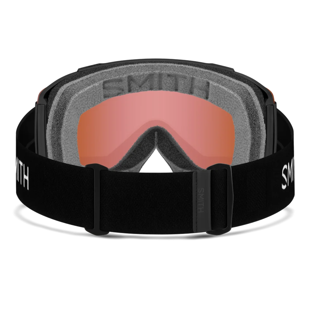 Rear view of the Smith Squad Goggles 2027 featuring a low-profile semi-rimless frame, cylindrical Carbonic-x ChromaPop lens, dual-layer DriWix face foam, and a silicone-backed QuickFit strap.