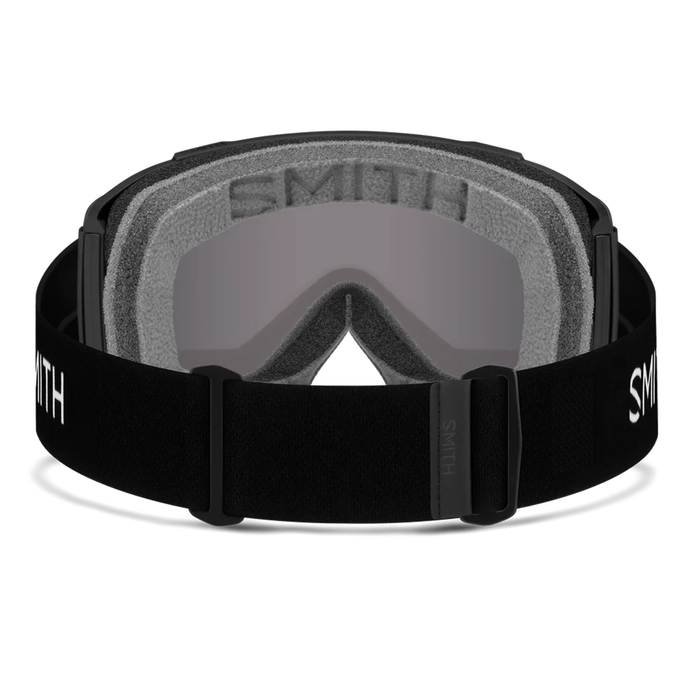 Rear view of the Smith Squad Goggles 2027 featuring a low-profile semi-rimless frame, cylindrical Carbonic-x ChromaPop lens, dual-layer DriWix face foam, and a silicone-backed QuickFit strap.