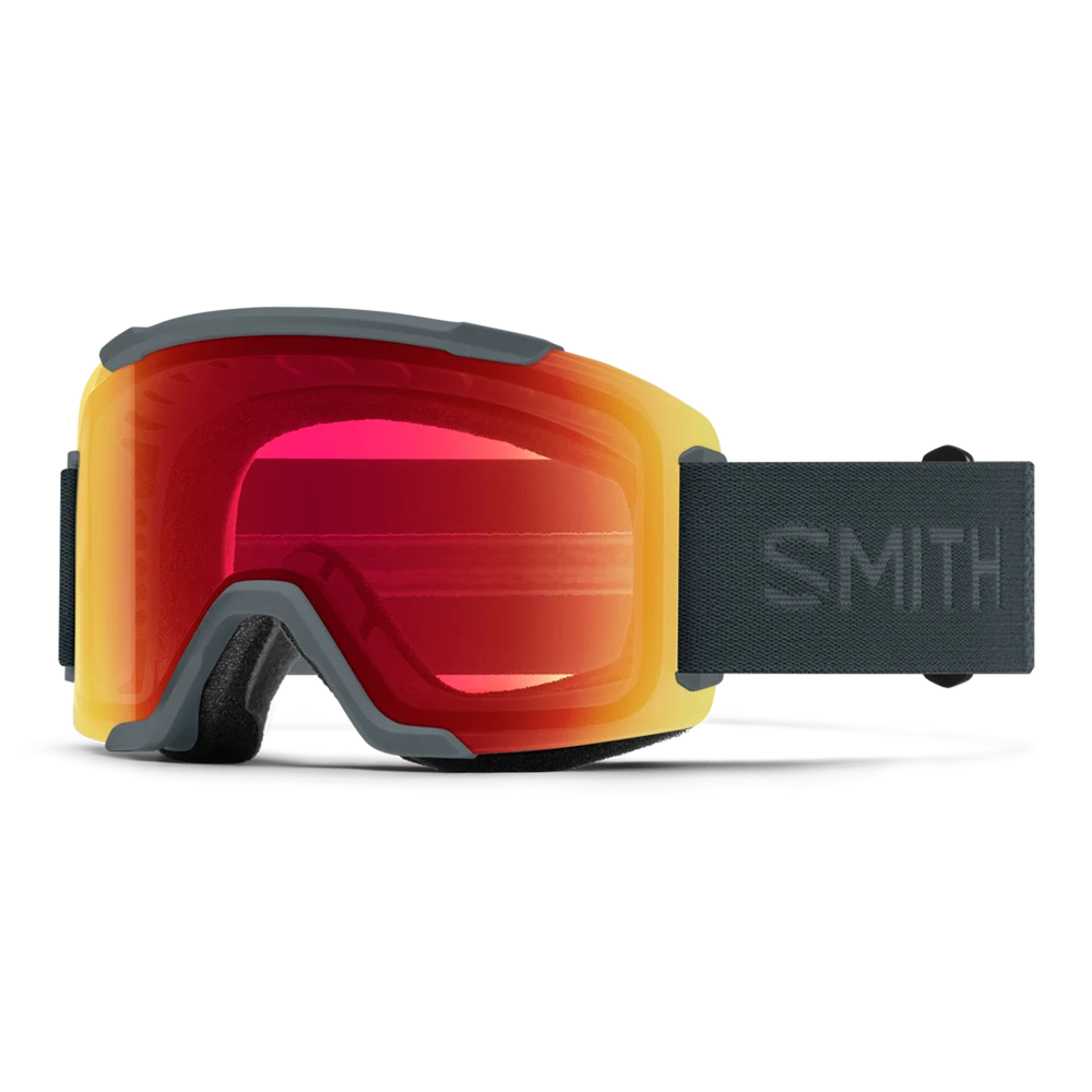 Front view of the Smith Squad Low Bridge Fit Goggles featuring an adjusted low-bridge frame contour, cylindrical Carbonic-x ChromaPop lens, multi-layer DriWix face foam, and a silicone-backed adjustable strap.