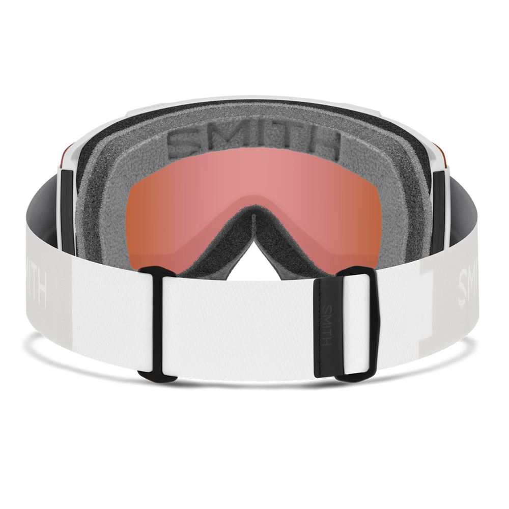 Rear view of the Smith Squad Goggles 2027 featuring a low-profile semi-rimless frame, cylindrical Carbonic-x ChromaPop lens, dual-layer DriWix face foam, and a silicone-backed QuickFit strap.