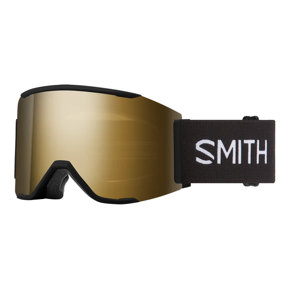 Front view of the Smith Squad MAG Low Bridge Fit Goggles featuring modified low-bridge face foam contours, integrated magnetic MAG retention levers, a cylindrical Carbonic-x ChromaPop lens, and a silicone-backed QuickFit strap.