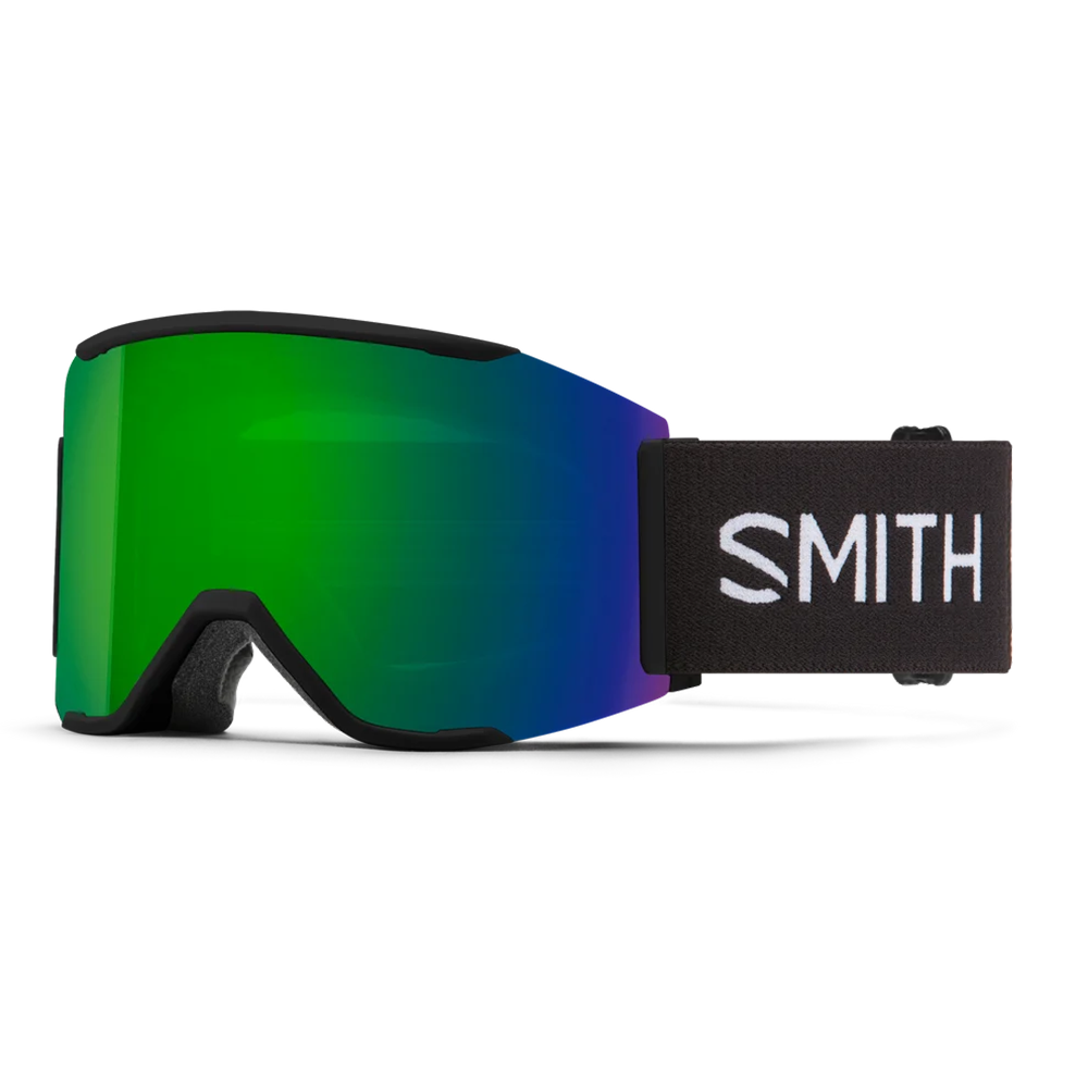 Front view of the Smith Squad MAG Low Bridge Fit Goggles featuring modified low-bridge face foam contours, integrated magnetic MAG retention levers, a cylindrical Carbonic-x ChromaPop lens, and a silicone-backed QuickFit strap.