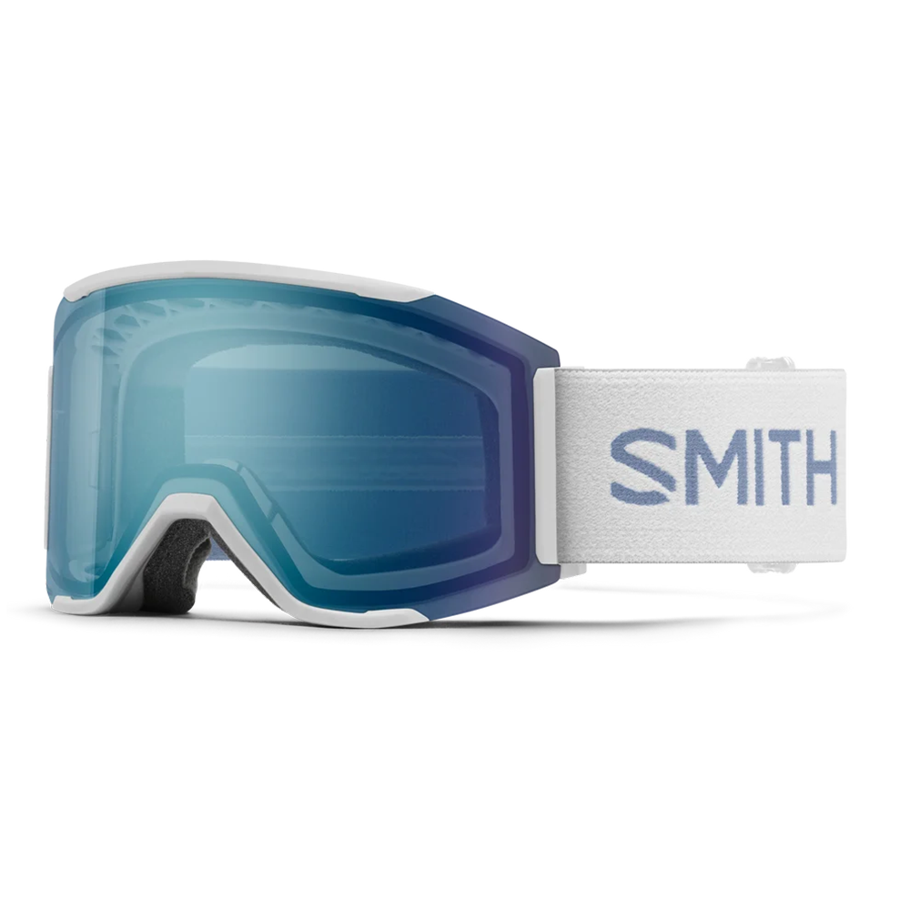 Front view of the Smith Squad MAG Low Bridge Fit Goggles featuring modified low-bridge face foam contours, integrated magnetic MAG retention levers, a cylindrical Carbonic-x ChromaPop lens, and a silicone-backed QuickFit strap.
