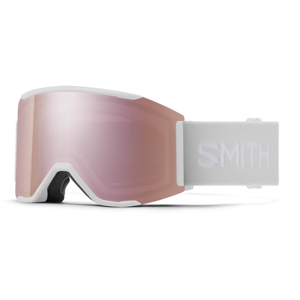 Front view of the Smith Squad MAG Low Bridge Fit Goggles featuring modified low-bridge face foam contours, integrated magnetic MAG retention levers, a cylindrical Carbonic-x ChromaPop lens, and a silicone-backed QuickFit strap.