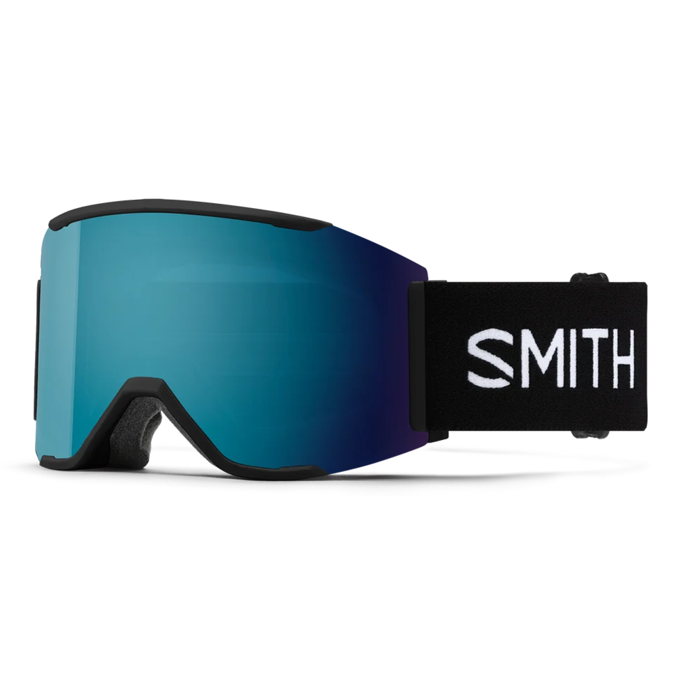 Front view of the Smith Squad MAG Goggles featuring a semi-rimless frame with integrated magnetic MAG retention levers, a cylindrical Carbonic-x ChromaPop lens, triple-layer DriWix face foam, and an ultra-wide silicone-backed strap.