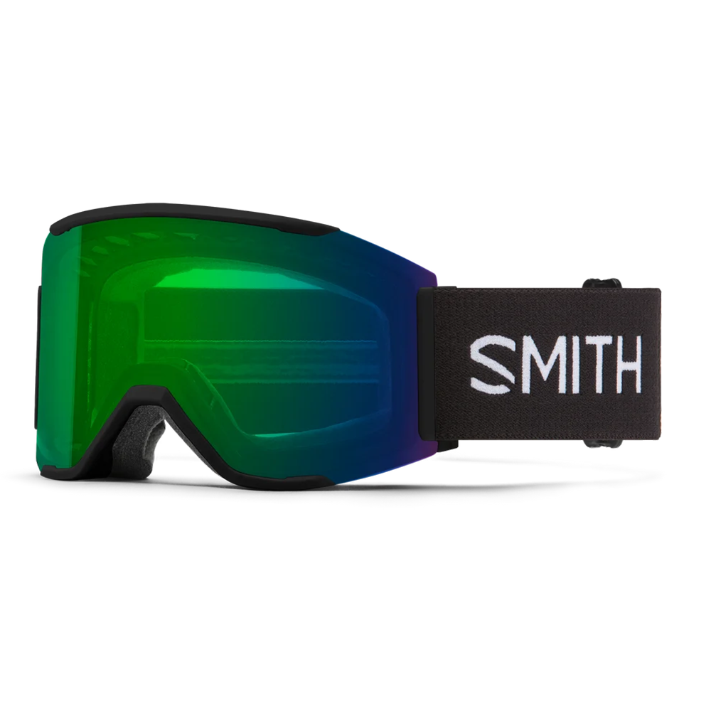 Front view of the Smith Squad MAG Goggles featuring a semi-rimless frame with integrated magnetic MAG retention levers, a cylindrical Carbonic-x ChromaPop lens, triple-layer DriWix face foam, and an ultra-wide silicone-backed strap.