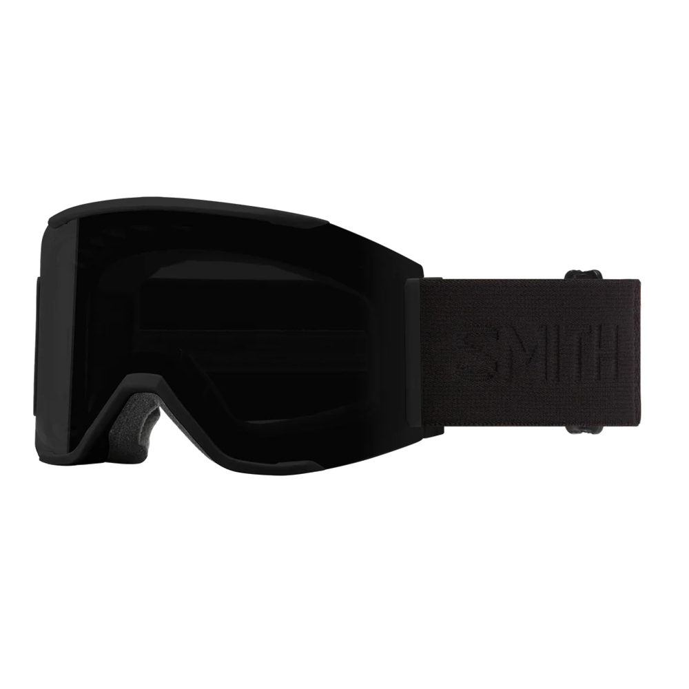 Front view of the Smith Squad MAG Goggles featuring a semi-rimless frame with integrated magnetic MAG retention levers, a cylindrical Carbonic-x ChromaPop lens, triple-layer DriWix face foam, and an ultra-wide silicone-backed strap.