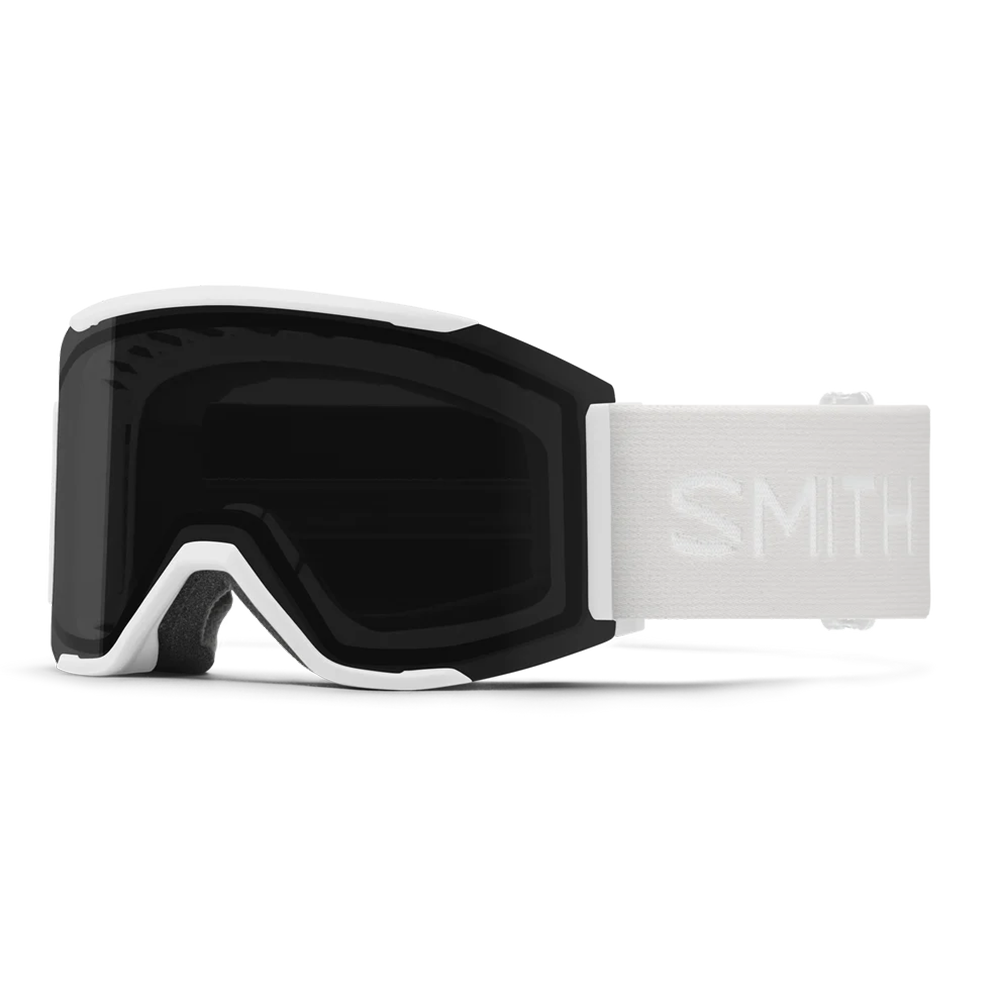 Front view of the Smith Squad MAG Goggles featuring a semi-rimless frame with integrated magnetic MAG retention levers, a cylindrical Carbonic-x ChromaPop lens, triple-layer DriWix face foam, and an ultra-wide silicone-backed strap.