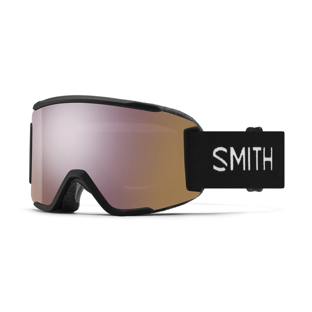 Front view of the Smith Squad S Goggles featuring a scaled-down semi-rimless frame, cylindrical Carbonic-x ChromaPop lens, DriWix face foam, and an adjustable silicone-backed strap.