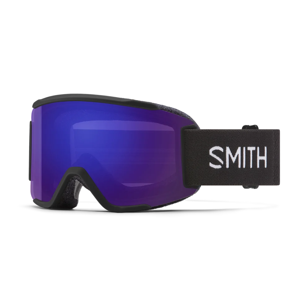 Front view of the Smith Squad S Goggles featuring a scaled-down semi-rimless frame, cylindrical Carbonic-x ChromaPop lens, DriWix face foam, and an adjustable silicone-backed strap.