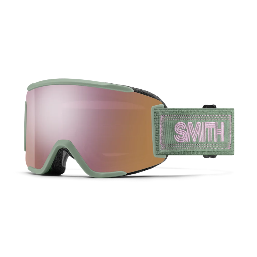 Front view of the Smith Squad S Goggles featuring a scaled-down semi-rimless frame, cylindrical Carbonic-x ChromaPop lens, DriWix face foam, and an adjustable silicone-backed strap.