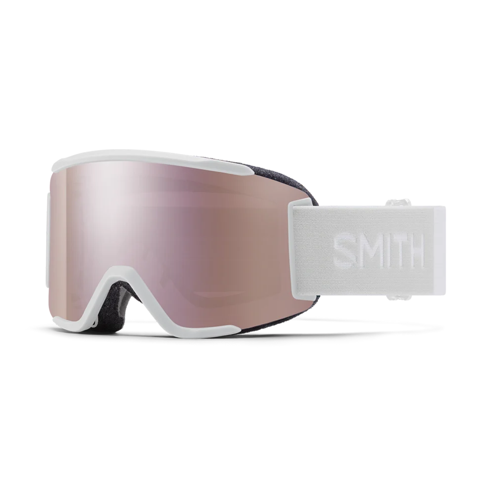 Front view of the Smith Squad S Goggles featuring a scaled-down semi-rimless frame, cylindrical Carbonic-x ChromaPop lens, DriWix face foam, and an adjustable silicone-backed strap.