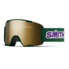 Smith Stash XL Asian Fit snow goggles with a dark green frame, a gold mirrored lens, and a green strap featuring the purple and white Smith logo.