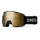Smith Stash XL Asian Fit ski goggles with a large gold-tinted lens, black frame, and a black adjustable strap featuring the white Smith logo.
