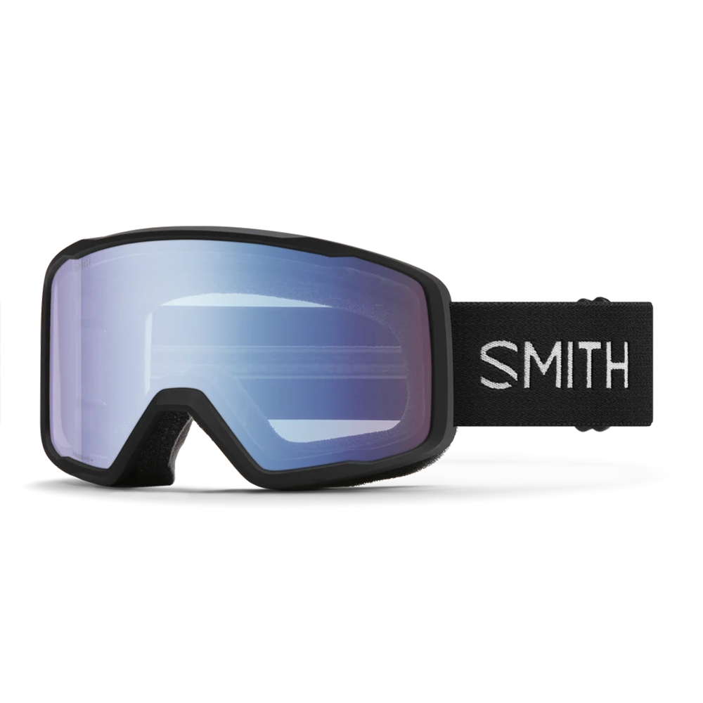 Smith Tribute ski goggles with a black frame, a blue mirrored lens, and a black strap featuring the white Smith logo.