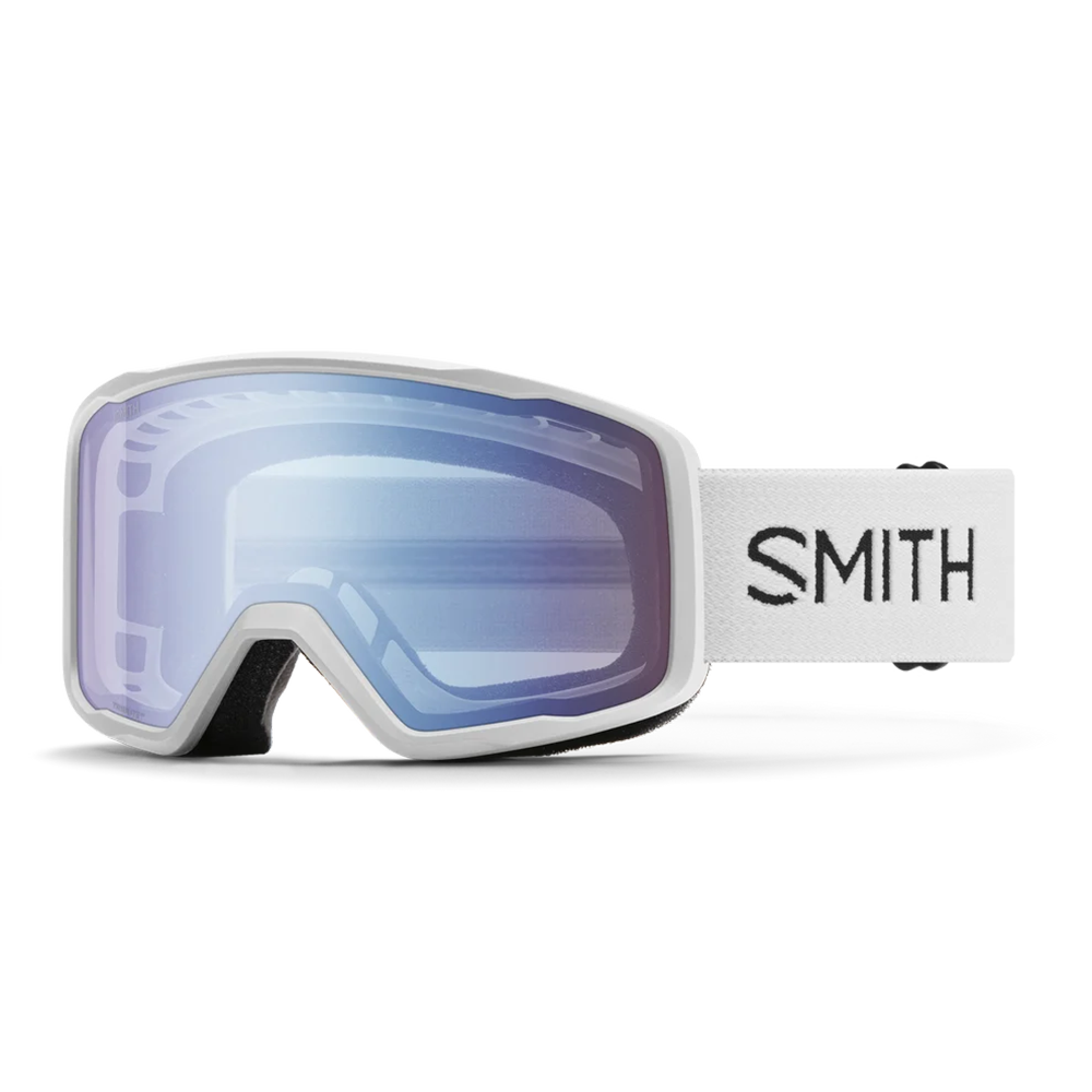 Smith Tribute ski goggles with a white frame, a blue mirrored lens, and a white strap featuring the black Smith logo.