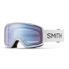 Smith Tribute ski goggles with a white frame, a blue mirrored lens, and a white strap featuring the black Smith logo.