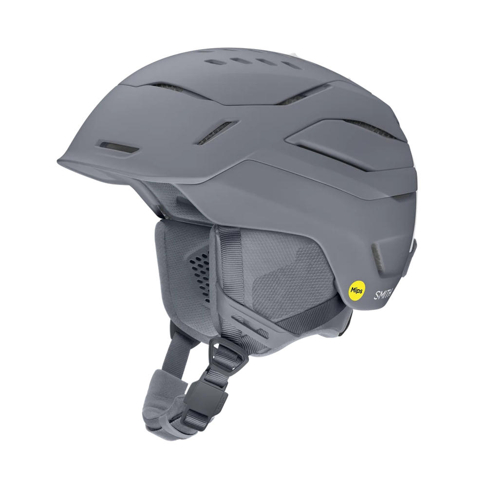 Side view of a grey Smith Vantage 2 MIPS Helmet featuring Hybrid SL shell construction, zonal Koroyd honeycomb structures, dual-regulator 40-vent climate control, and a BOA 360 Fit System dial.