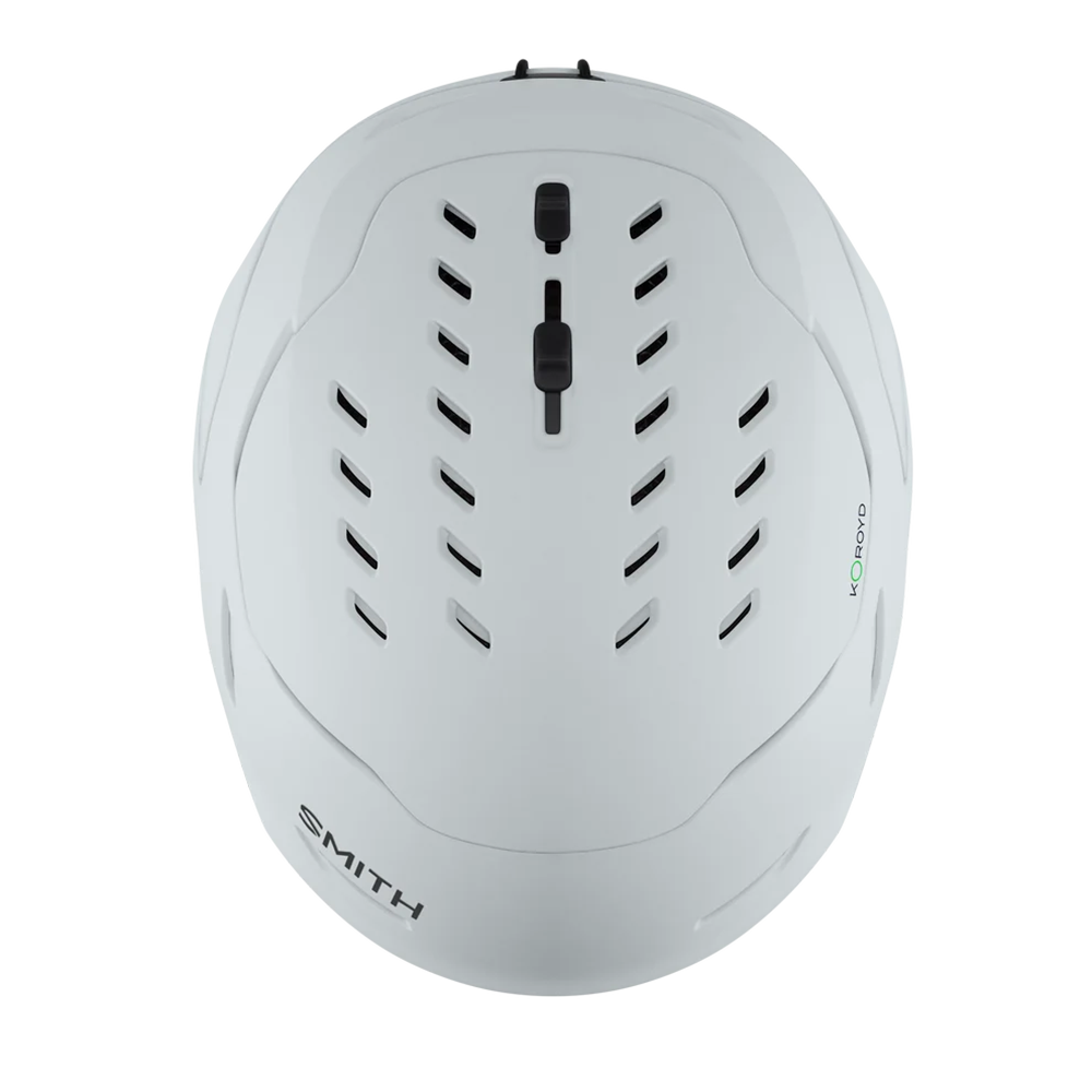 Top view of a white Smith Vantage 2 MIPS Helmet featuring Hybrid SL shell construction, zonal Koroyd honeycomb structures, dual-regulator 40-vent climate control, and a BOA 360 Fit System dial.