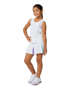 A girl wearing a white Sofibella Girls Spectrum Tank Top and skirt on a white background.