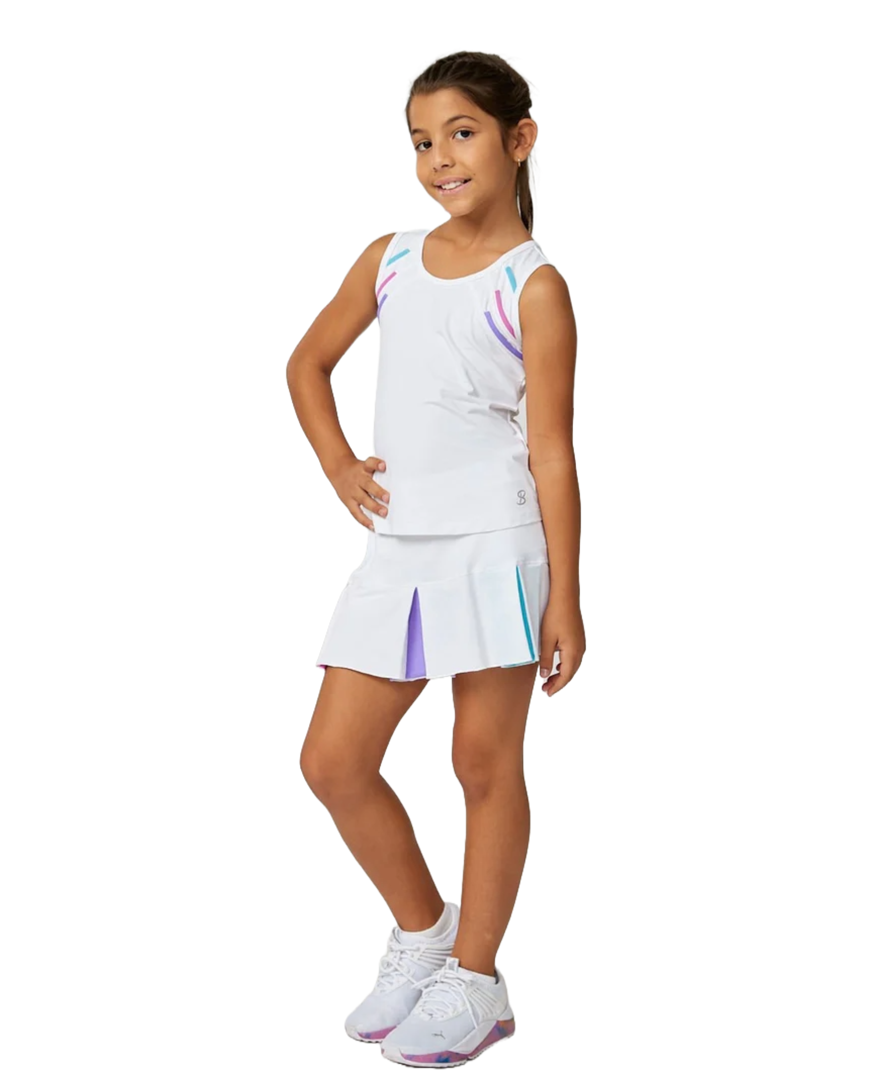 A girl wearing a white Sofibella Girls Spectrum Tank Top and skirt on a white background.
