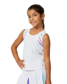 A girl wearing a white Sofibella Girls Spectrum Tank Top and skirt on a white background.