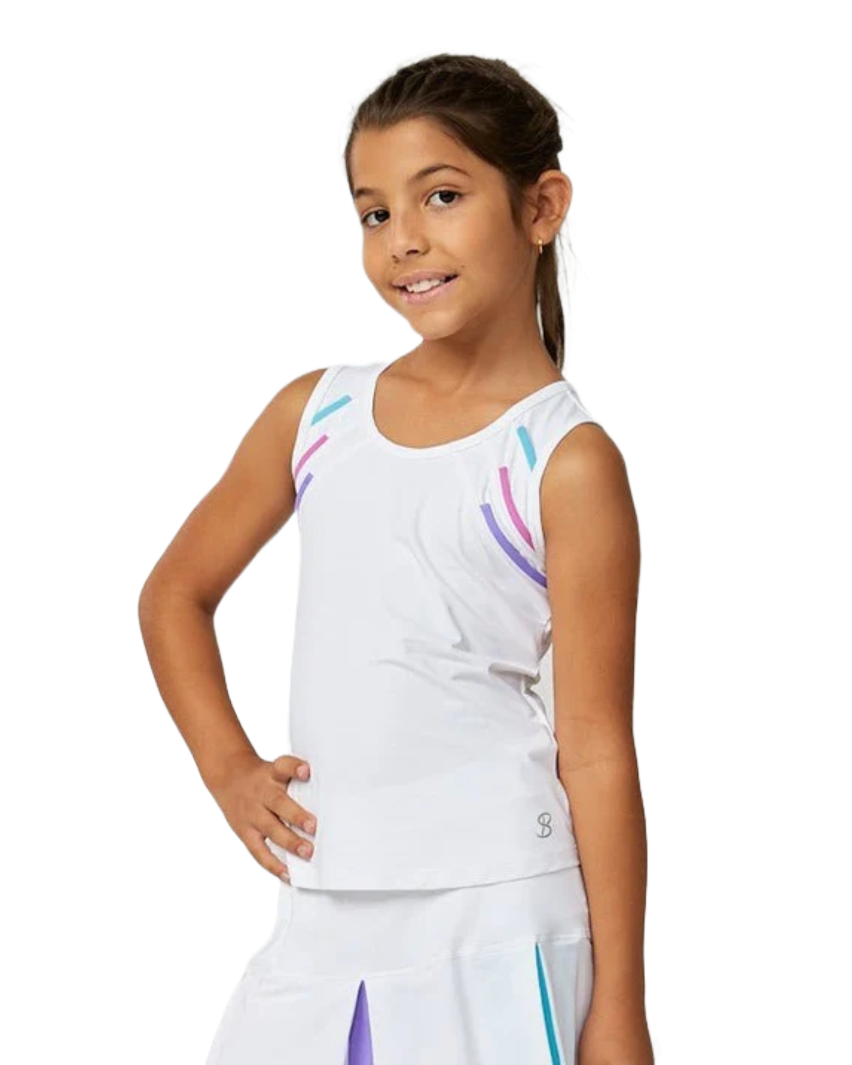 A girl wearing a white Sofibella Girls Spectrum Tank Top and skirt on a white background.