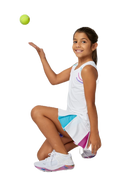 A girl wearing a white Sofibella Girls Spectrum Tank Top and skirt tossing a tennis ball on a white background.